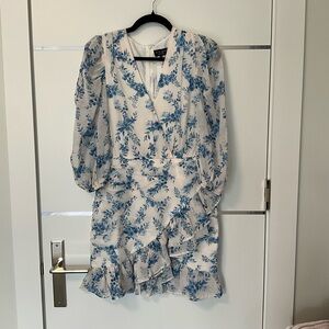 Floral Ruffle Wrap Dress - White & Blue